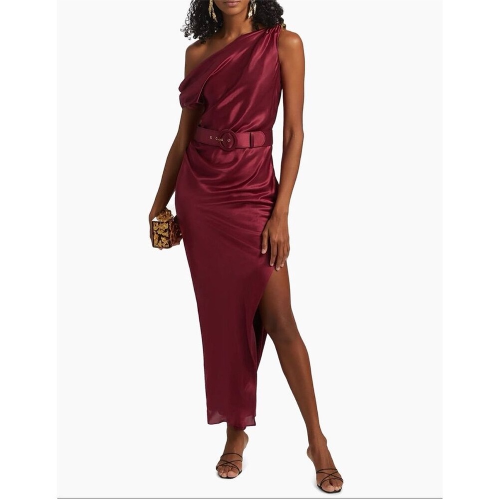 One-Shoulder Burgundy Satin Dress with Belt